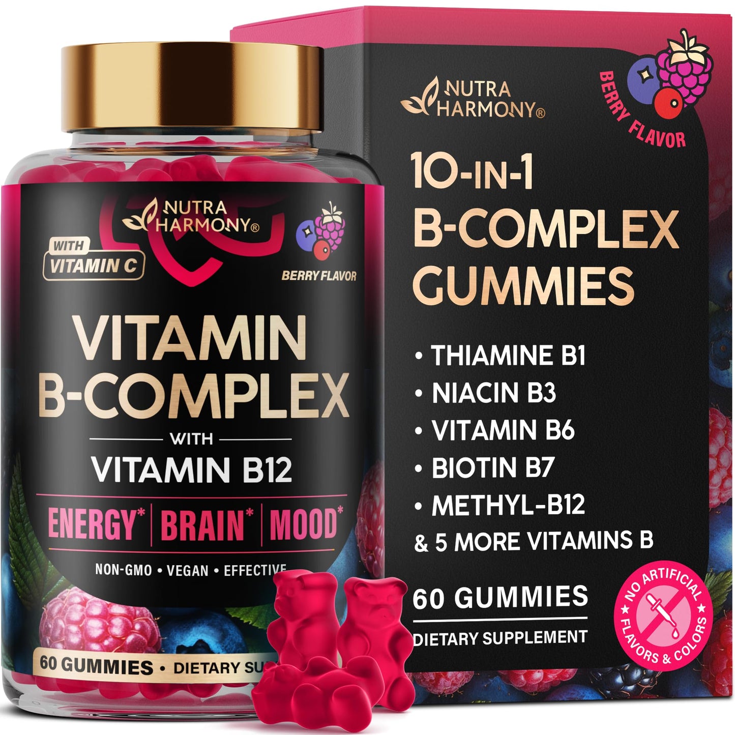 Envase de gomitas vitaminas B complejo NUTRAHARMONY sabor a baya