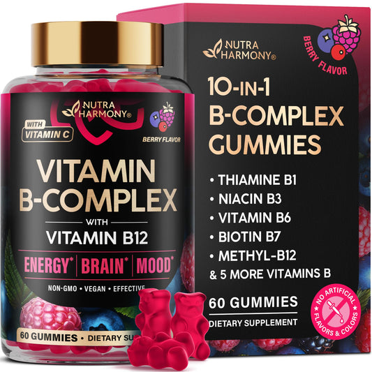 Envase de gomitas vitaminas B complejo NUTRAHARMONY sabor a baya