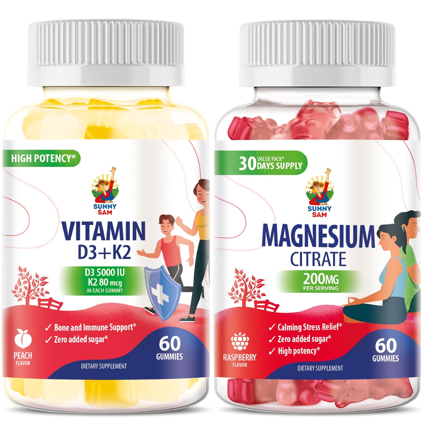 Botella de gomitas de vitamina D3 K2 y magnesio SUNNY SAM