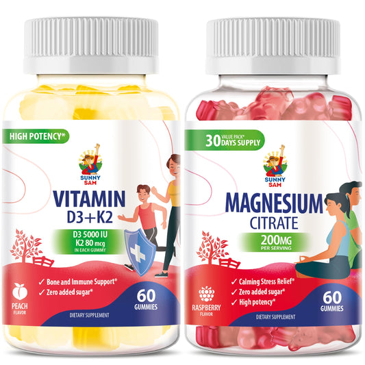 Botella de gomitas de vitamina D3 K2 y magnesio SUNNY SAM