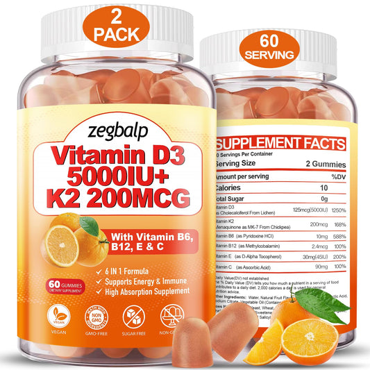 Paquete de gomitas vitamina D3 K2 5000IU sin azúcar 120 unidades
