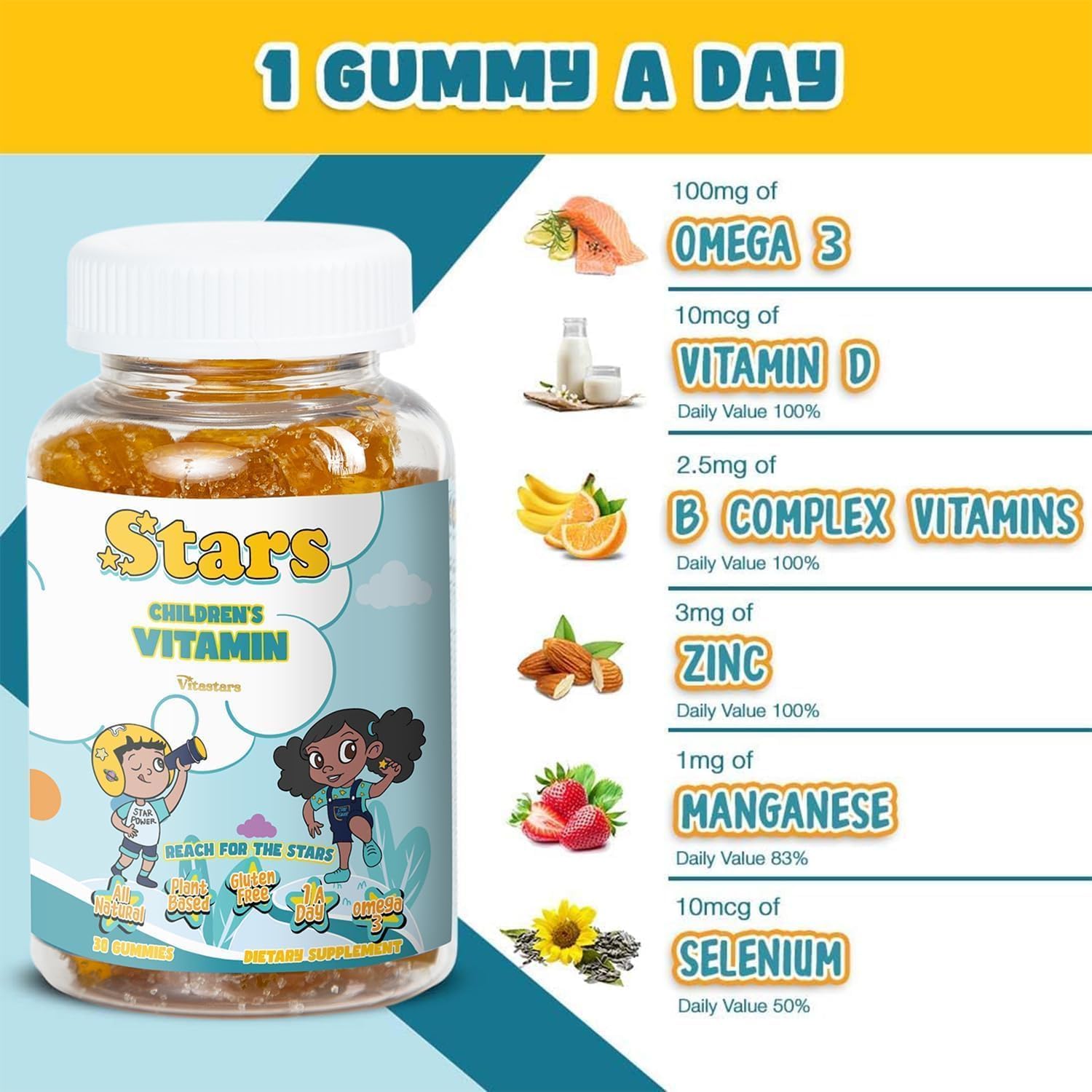 Gomitas Vitastars para niños con Omega 3 y minerales