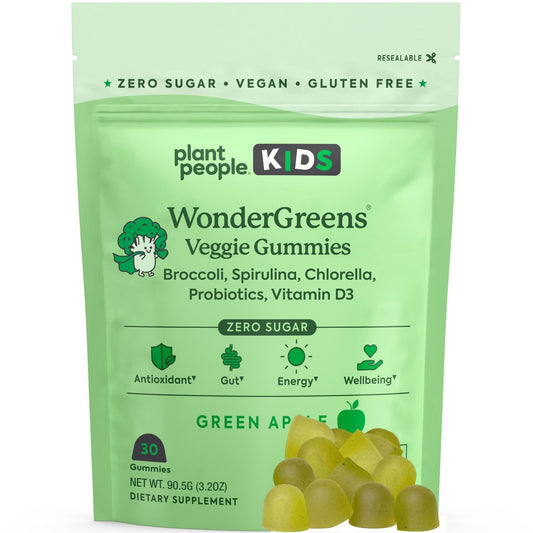 Empaque frontal de gomitas WonderGreens para niños sabor manzana verde.
