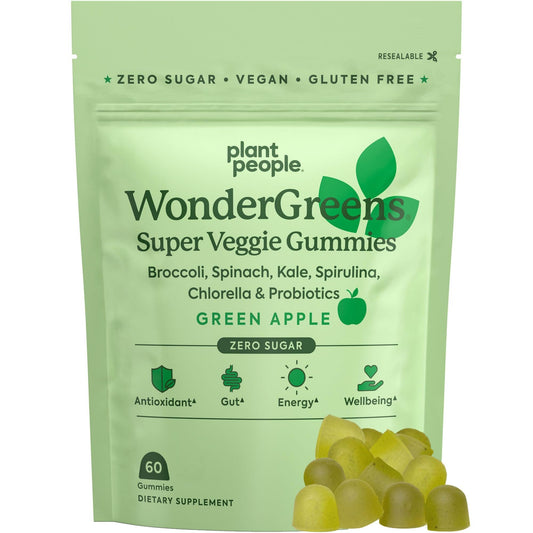 Frontal de gomitas WonderGreens sabor manzana verde 60 unidades.