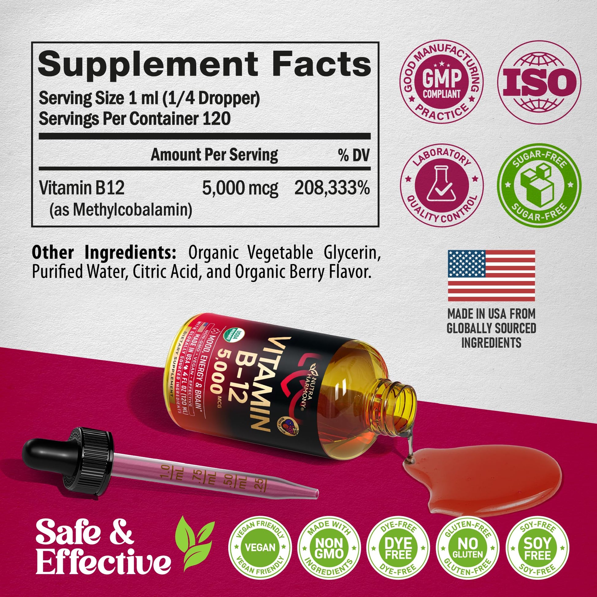 Gotas líquidas de vitamina B12 orgánica sabor frutas rojas