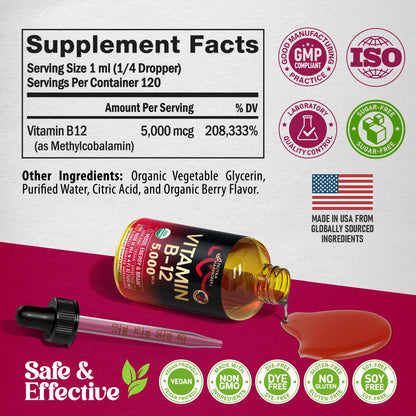 Gotas líquidas de vitamina B12 orgánica sabor frutas rojas