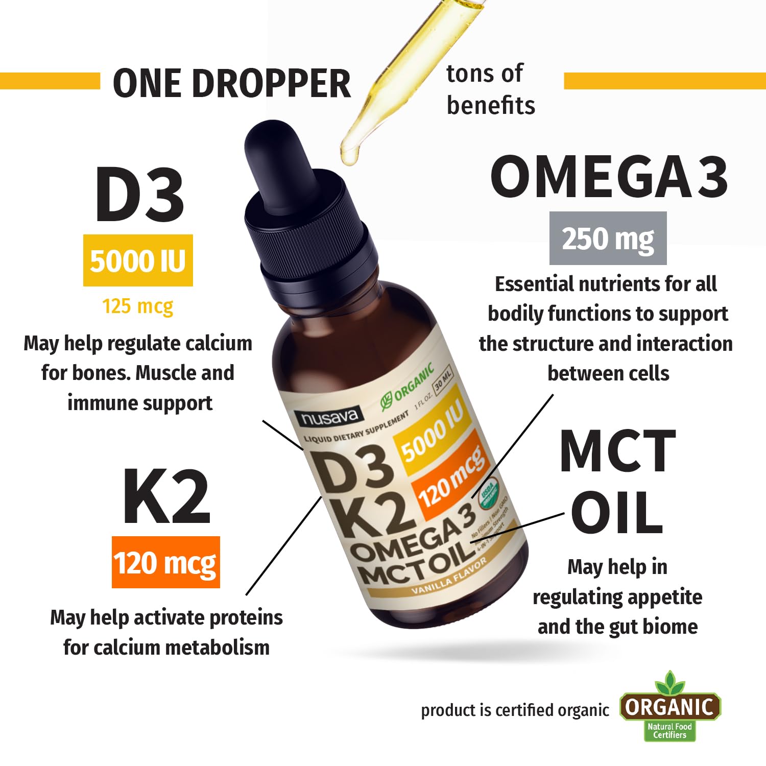 Gotas líquidas vitamina D3 K2 NUSAVA con ingredientes orgánicos vainilla