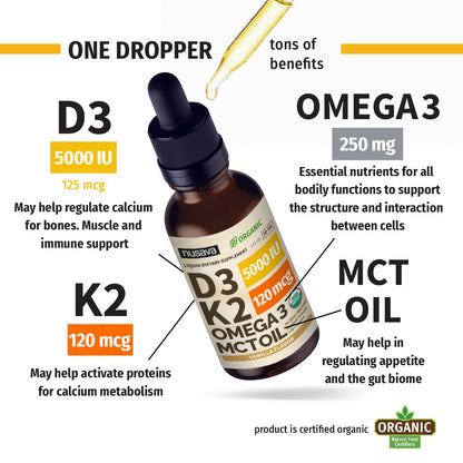Gotas líquidas vitamina D3 K2 NUSAVA con ingredientes orgánicos vainilla