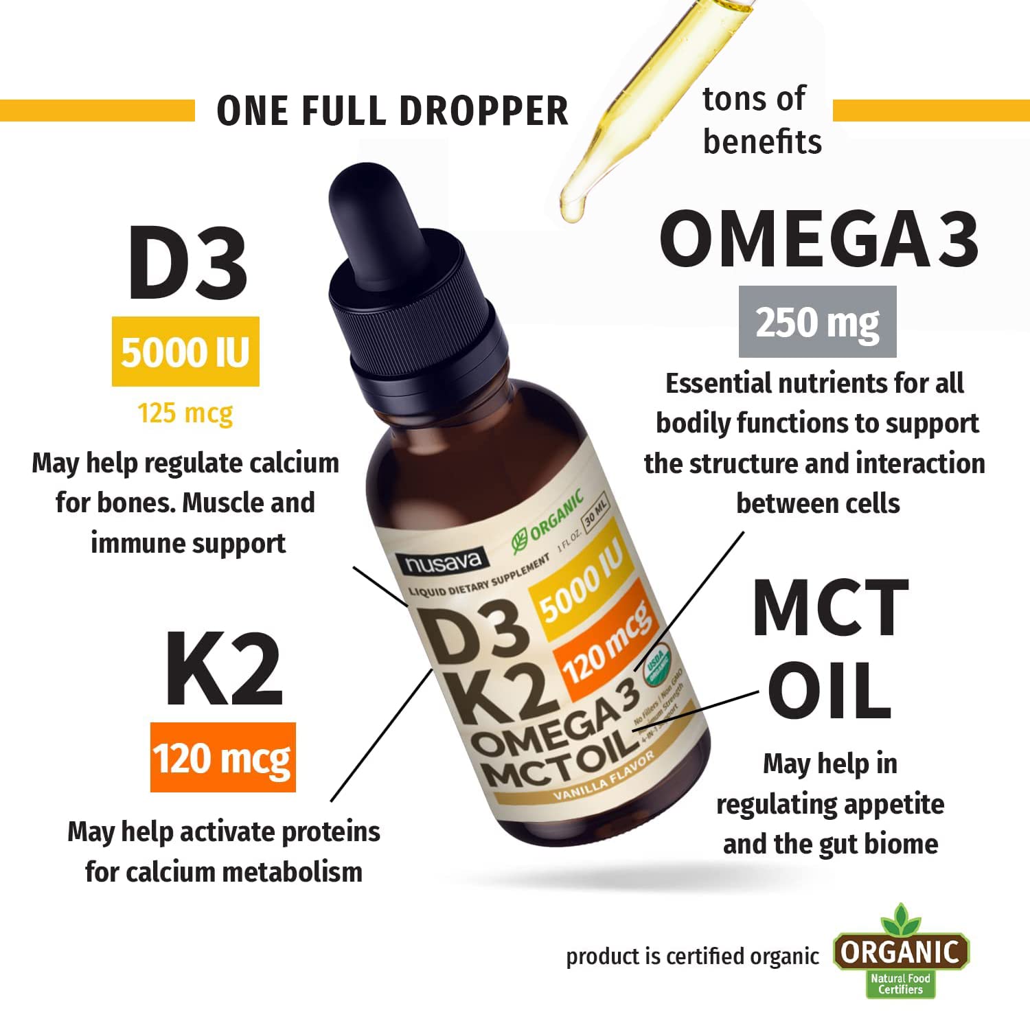 Gotas líquidas vitamina D3 K2 NUSAVA con ingredientes orgánicos