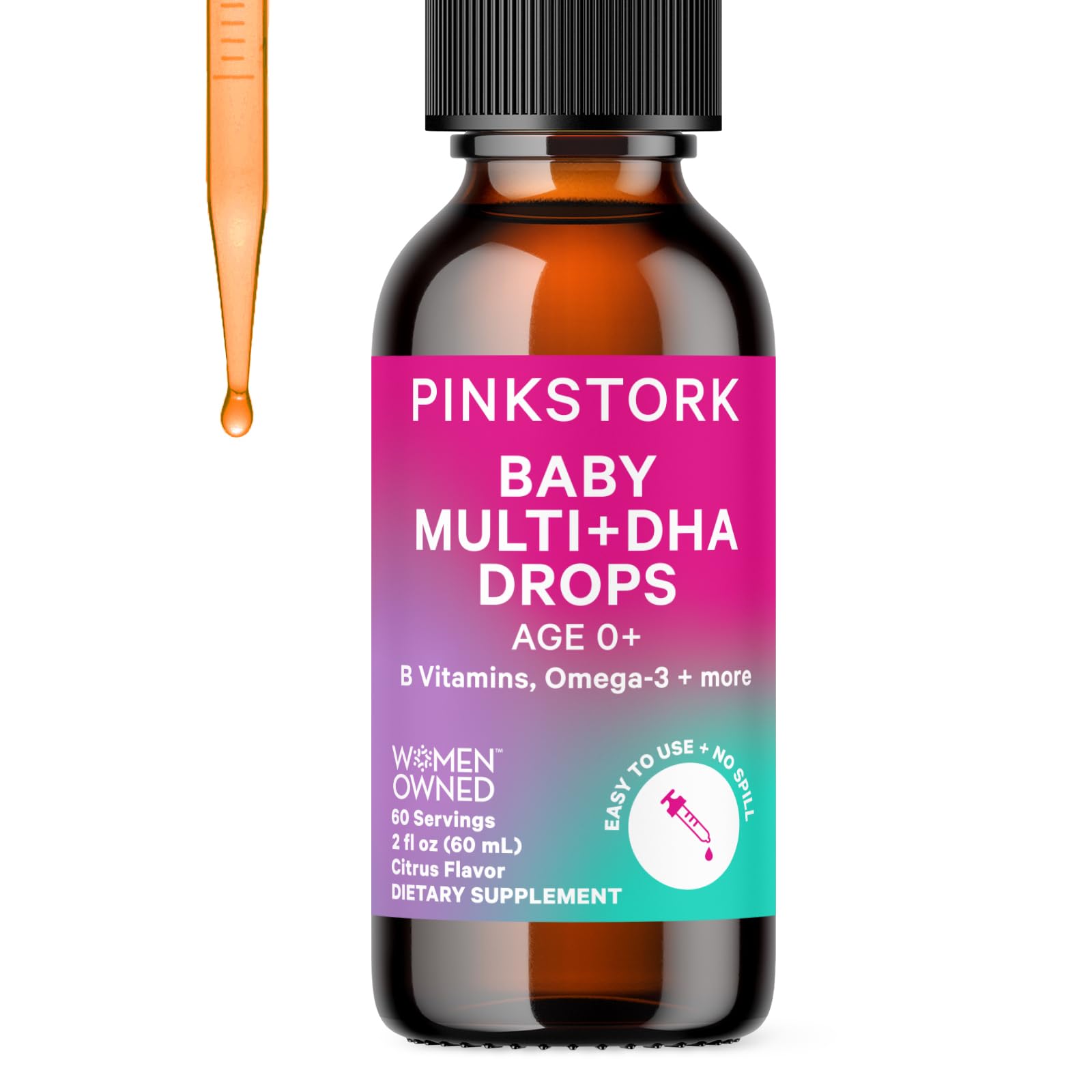 Gotas multivitamínicas líquidas Pink Stork para bebés. Incluye DHA.