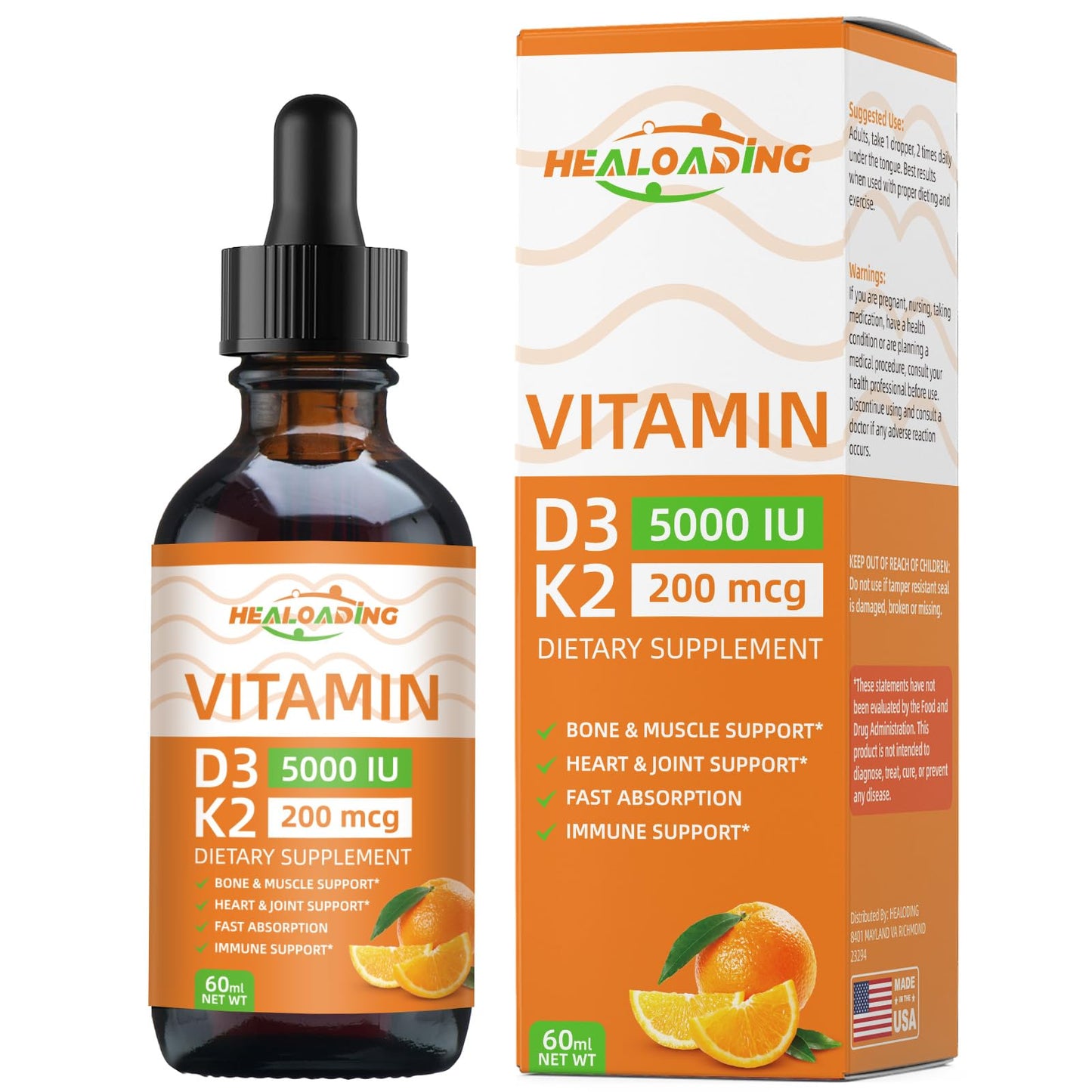 Gotas orgánicas HEALOADING con vitamina D3 5000 IU y K2 MK-7 natural