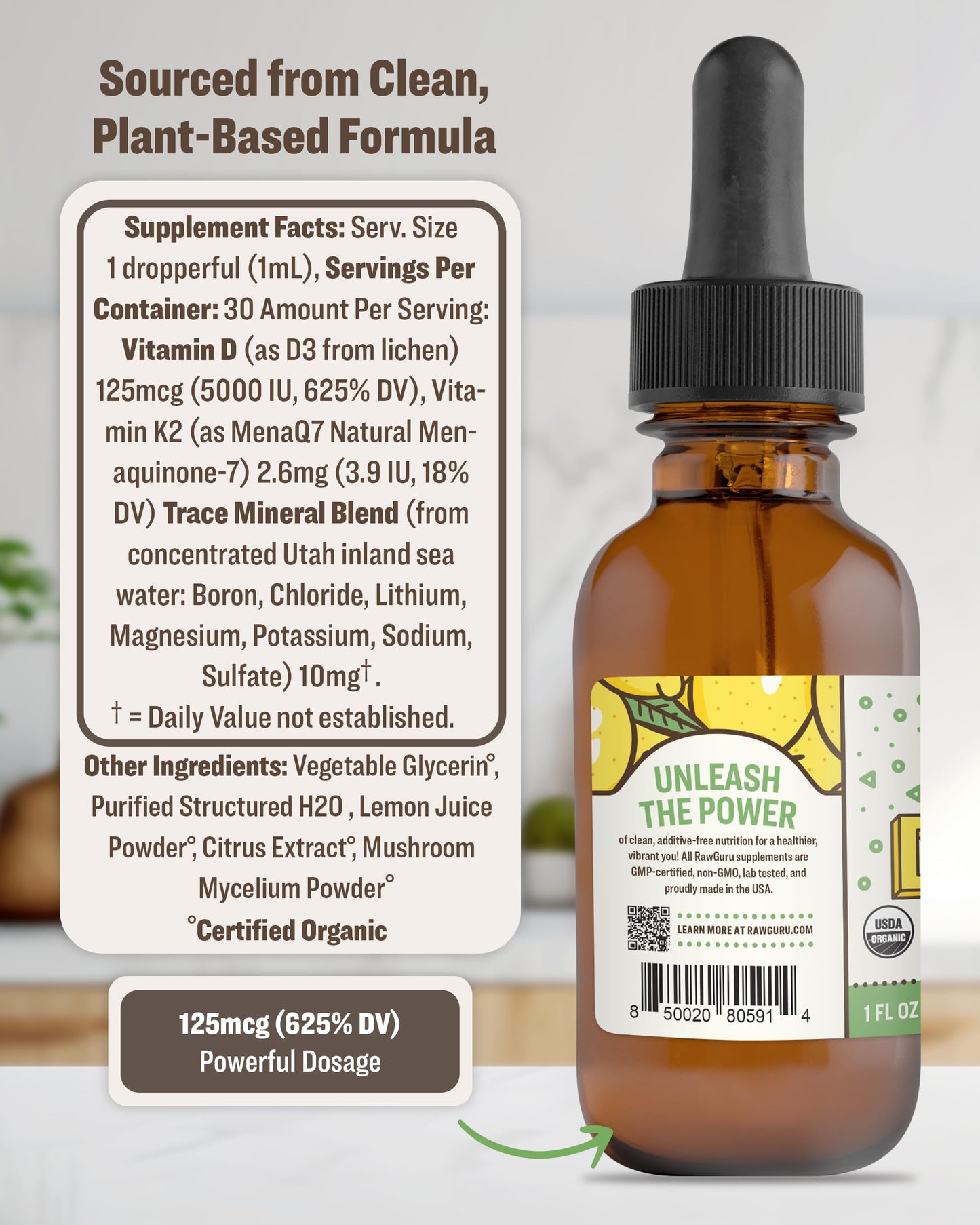 Gotas RawGuru vitaminas D3 y K2 sabor cítrico