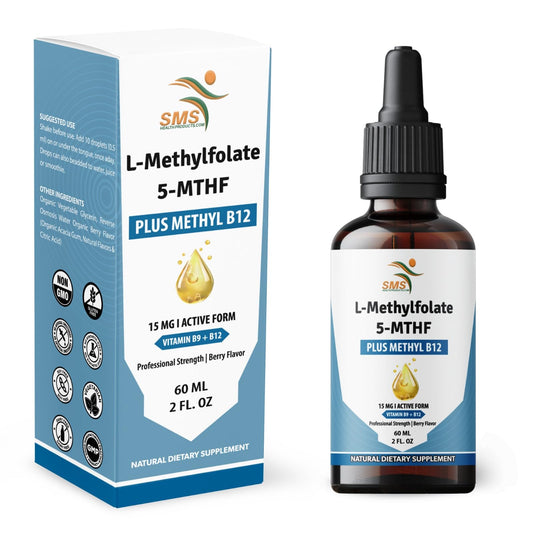 Gotas sublinguales L-Metilfolato y Metil B12 botella frontal 2oz