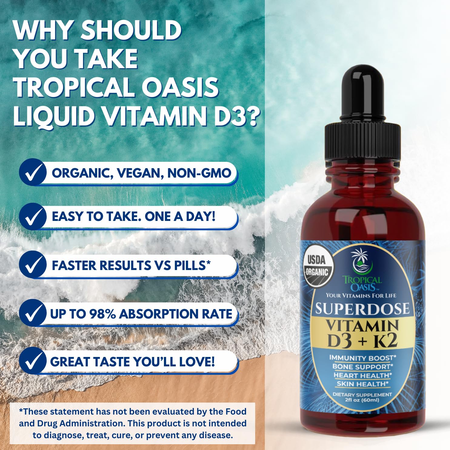 Gotas Tropical Oasis vitamina D3 K2 logra máxima absorción