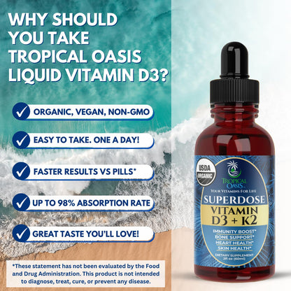 Gotas Tropical Oasis vitamina D3 K2 logra máxima absorción
