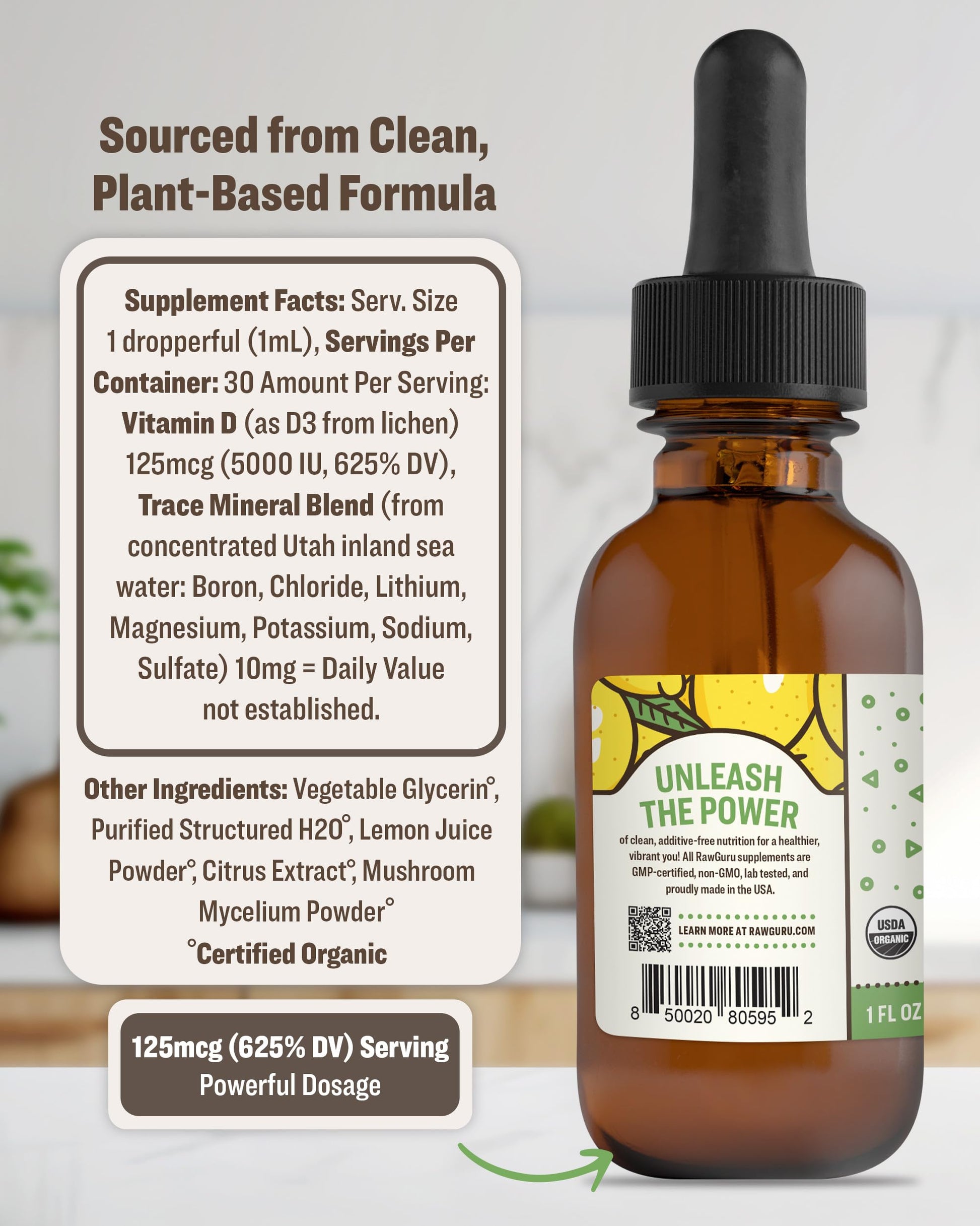 Gotas veganas de vitamina D3 RawGuru para mejorar sistema inmunológico