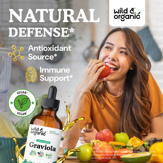 Gotas veganas de graviola en fondo verde resaltando beneficios antioxidantes