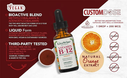 Gotas vitamina b12 líquida para energía y concentración vegana