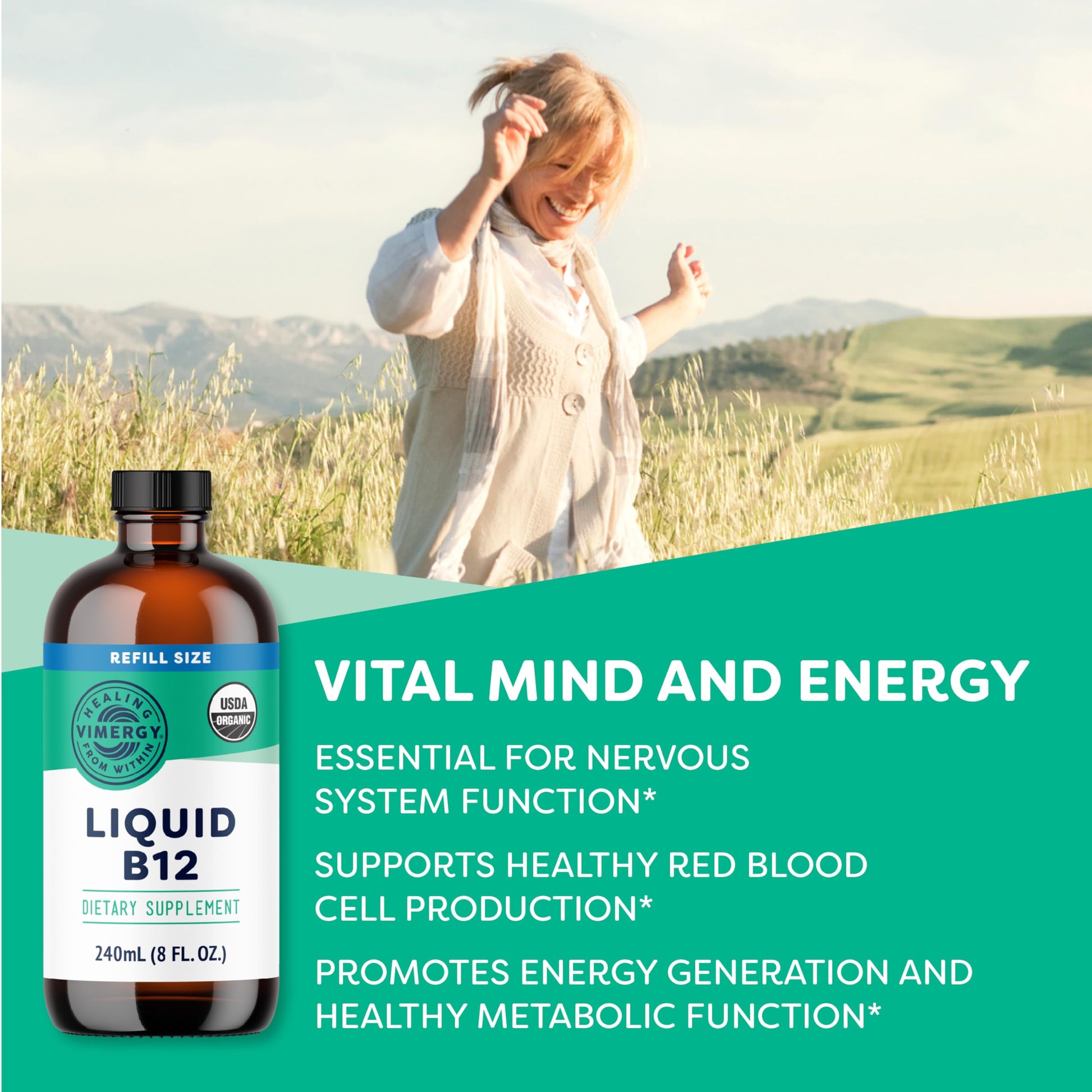 Gotas de vitamina B12 vegana Vimergy para batidos y jugos
