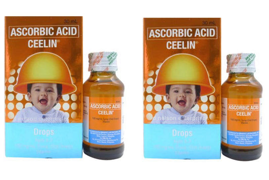 Empaque y frasco de gotas de vitamina C Ceelin para niños