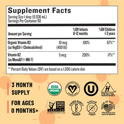 Gotas de vitamina d3 k2 para crecimiento y desarrollo saludable