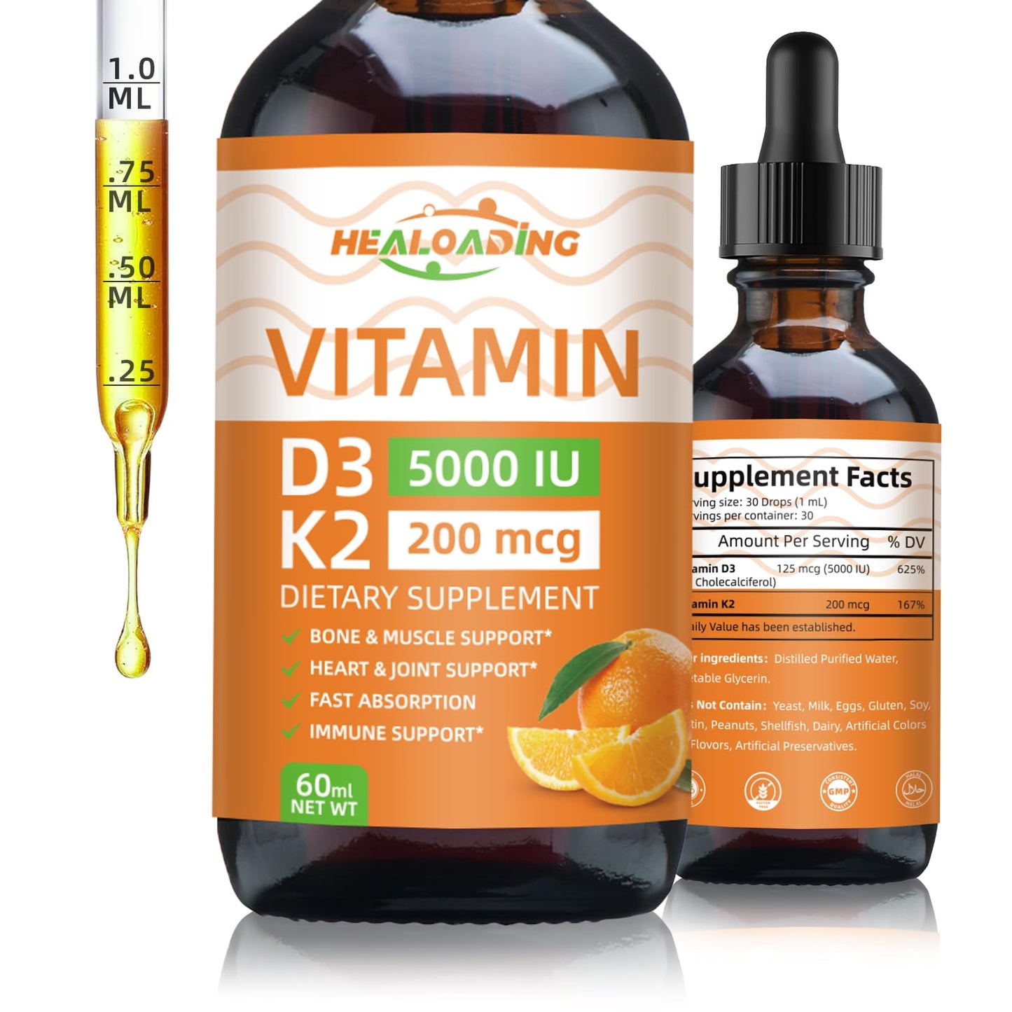 Gotas Vitamina D3 y K2 HEALOADING botella líquida orgánica