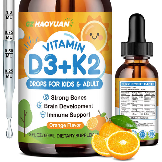 Frasco de gotas líquidas vitamina D3 K2 para niños sabor naranja
