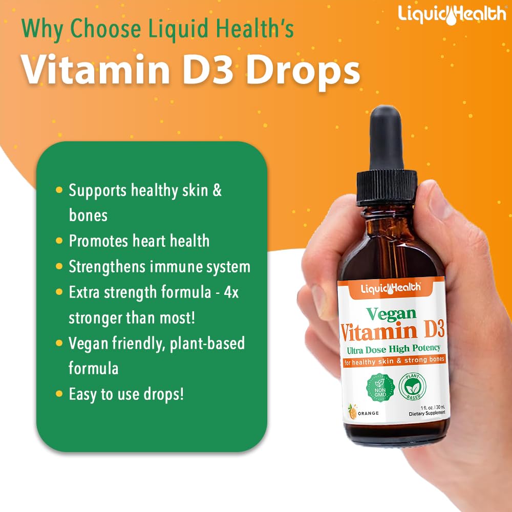 Gotas de vitamina D3 ultra potentes veganas en botella naranja