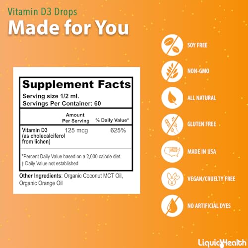 Gotas de vitamina D3 veganas LIQUIDHEALTH envase trasero