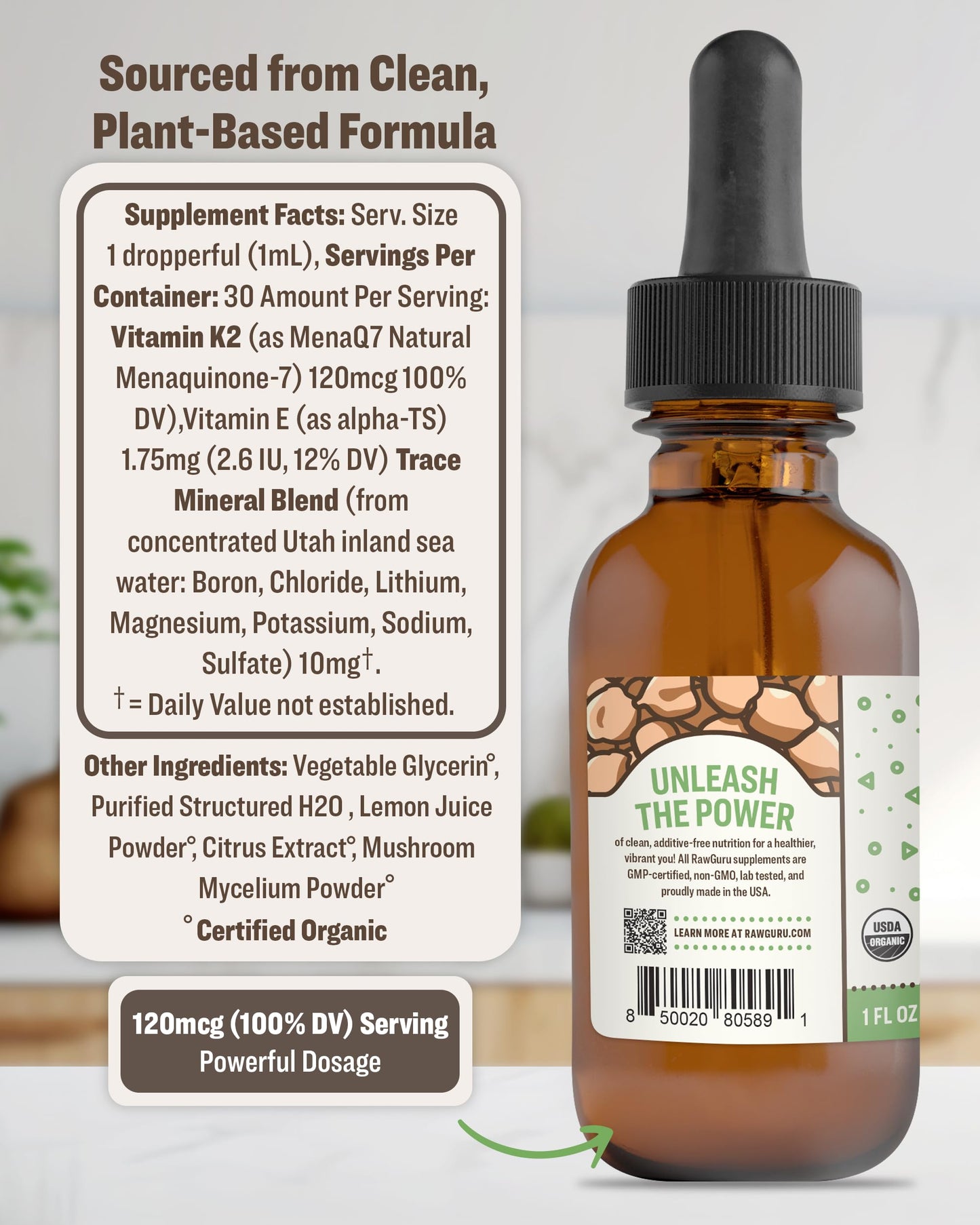 Gotas vitaminas K2 RawGuru con sabor cítrico