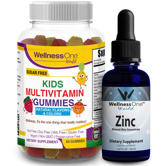 Gotas de zinc líquido y gomitas multivitamínicas para niños.