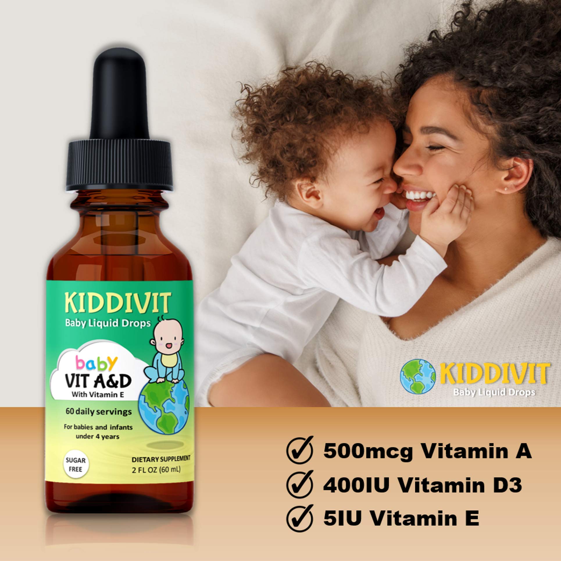 Gotero de vitamina A&D con madre y bebé felices