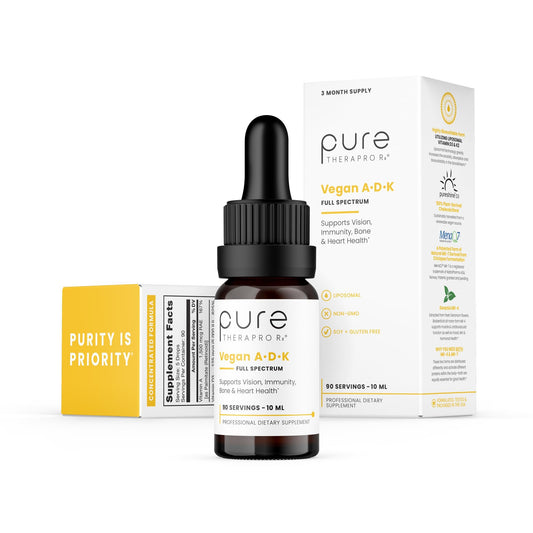 Botella de gotitas veganas A-D-K 10 ml de Pure TheraPro Rx con vitaminas A, D3, K2