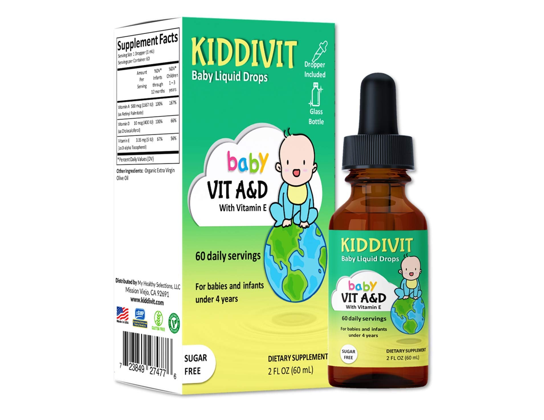 Gotitas de vitaminas A&D para bebé Kiddivit con botella de vidrio y gotero