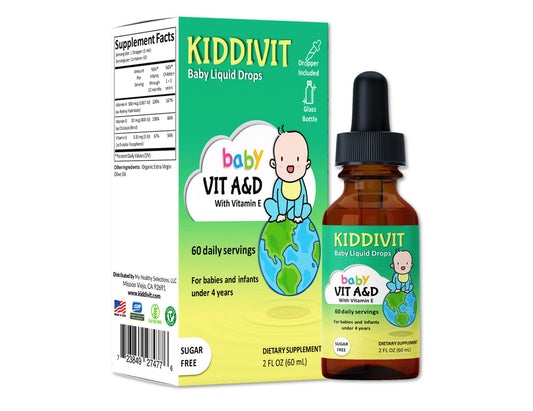 Gotitas de vitaminas A&D para bebé Kiddivit con botella de vidrio y gotero