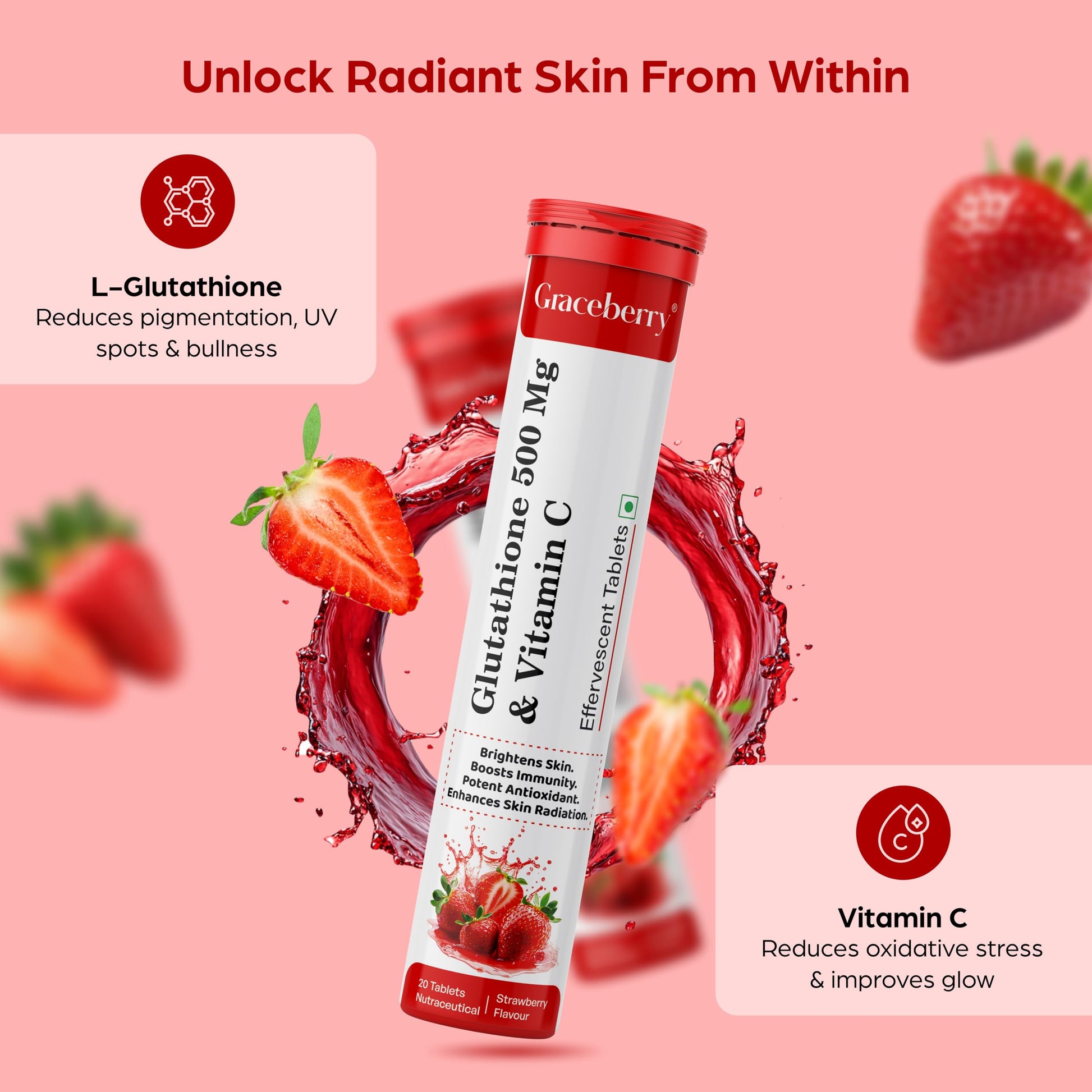 Cajas y tabletas de glutatión GRACEBERRY para piel radiante