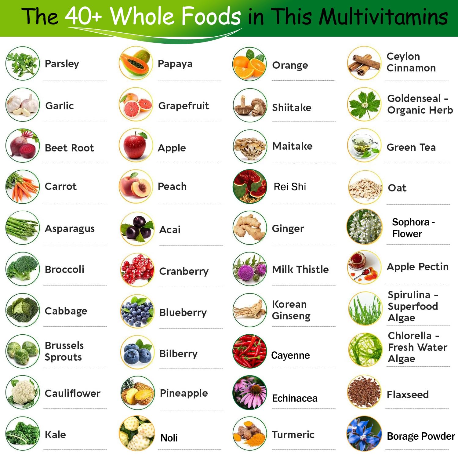 Gráfica de alimentos integrales en multivitamínico VEGEPOWER.