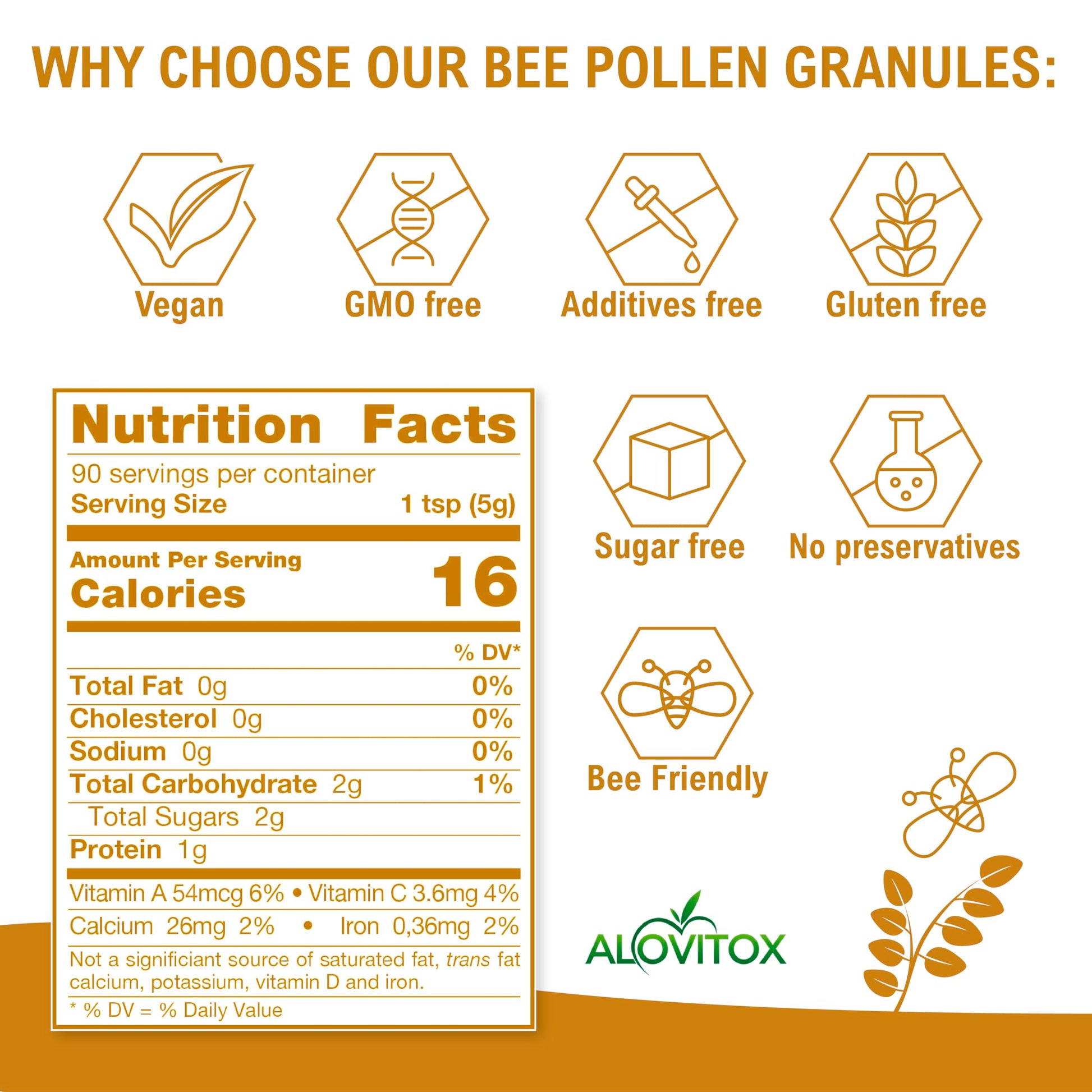 Gránulos de polen de abeja Alovitox con tabla nutricional