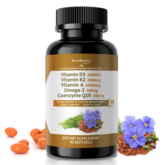 Frasco de GREENPEOPLE Vitamina D3 K2 10000 IU softgels veganos