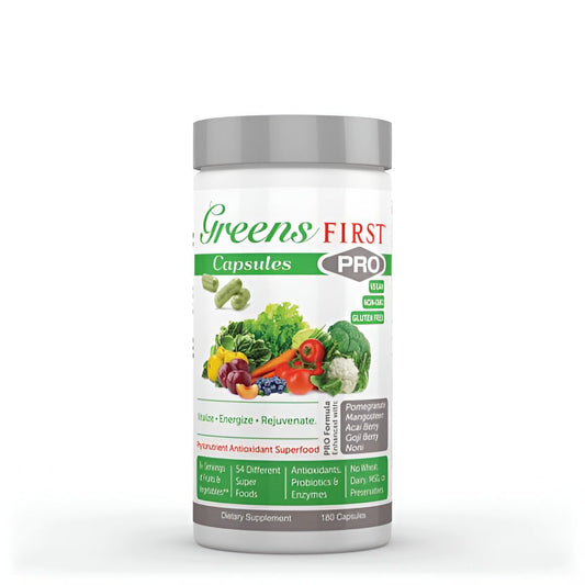 Greens First PRO frasco frente con etiqueta de 54 superalimentos antioxidantes