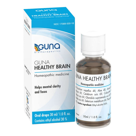 Botella de Guna Healthy Brain con empaque azul para apoyo mental natural.