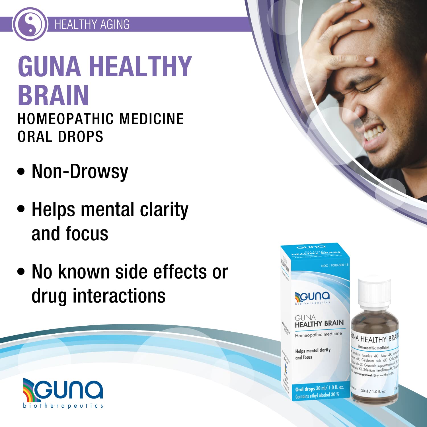 Beneficios de Guna Healthy Brain como la claridad mental y sin efectos secundarios.