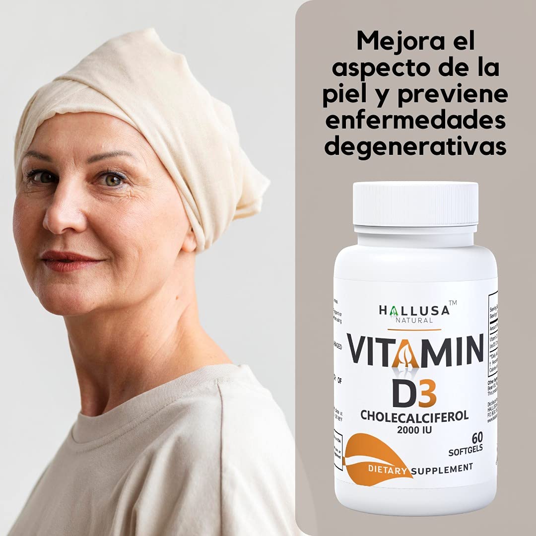 Hallusa Natural suplemento D3 y salud ósea en mano