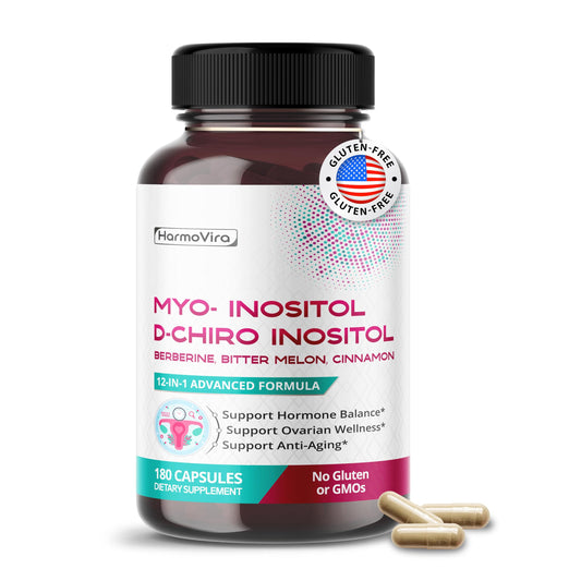 Frasco de suplemento HarmoVira Myo-Inositol con cápsulas