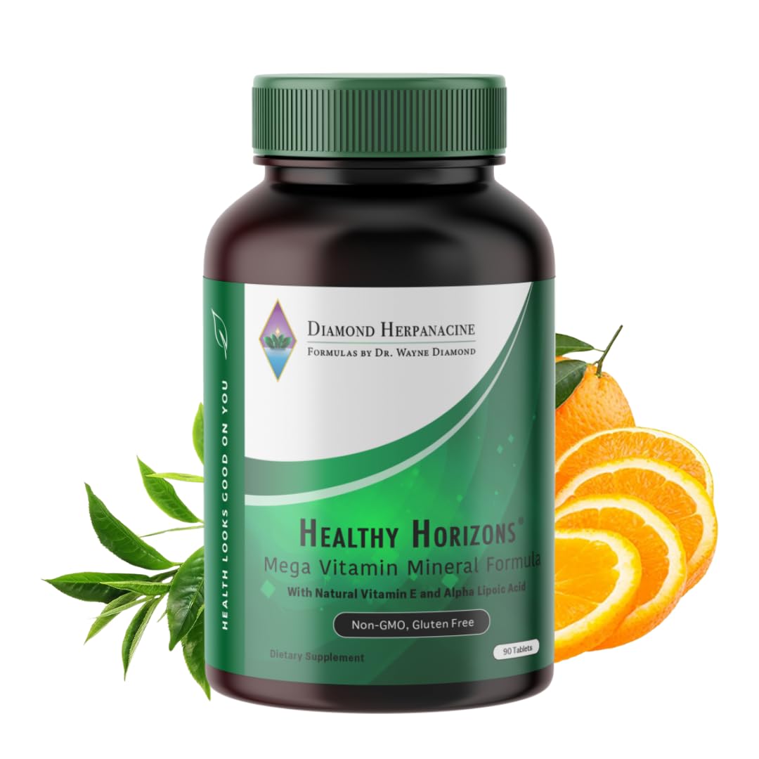 Botella de multivitamínicos Healthy Horizons con ingredientes naturales.