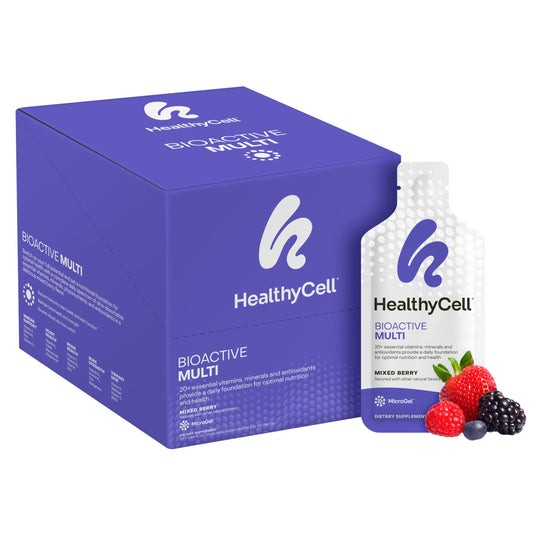 Healthycell Bioactive Multi caja y sobre de gel con sabor a frutas del bosque