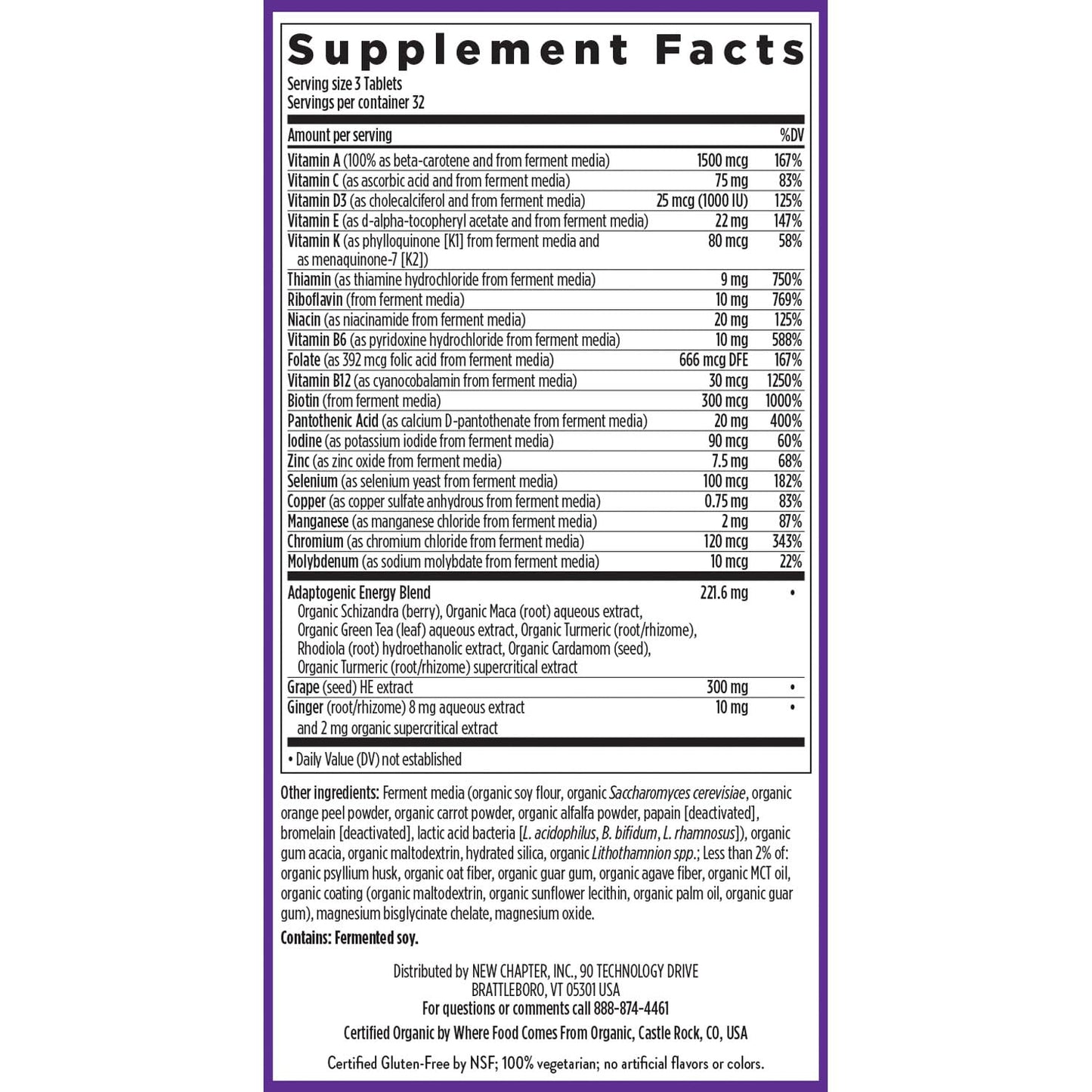 Hechos suplementarios del multivitamínico New Chapter en etiqueta