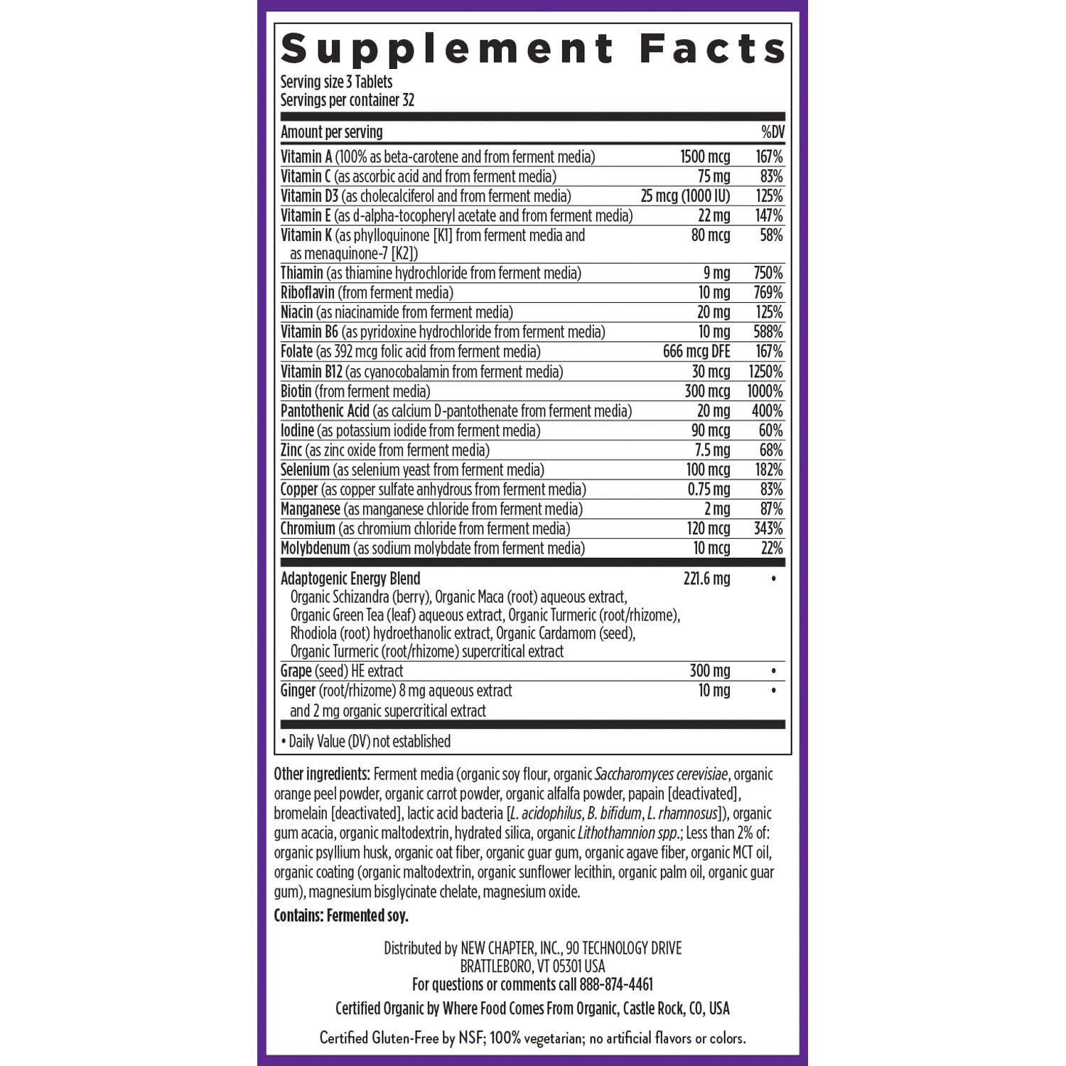 Hechos suplementarios del multivitamínico New Chapter en etiqueta