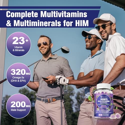 Grupo de hombres jugando golf usando gomitas multivitamínicas para salud