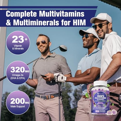 Grupo de hombres jugando golf usando gomitas multivitamínicas para salud